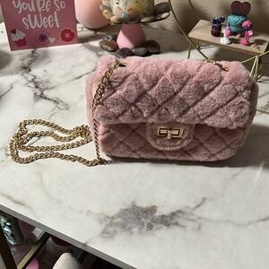 Pink fluffy cross body Bag with chain